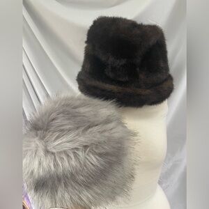 Two Faux Fur Hats - Rich Brown and Soft Gray